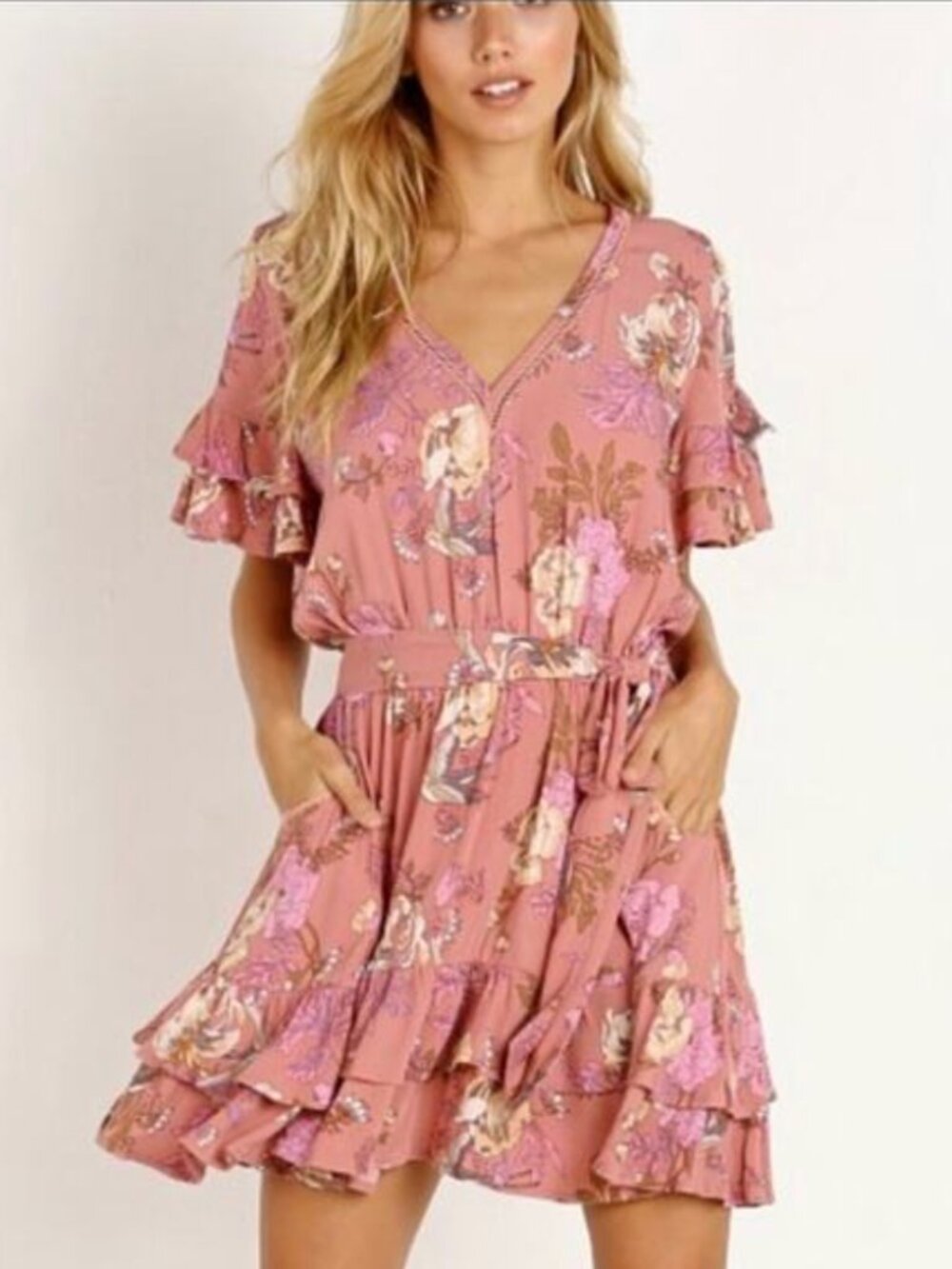 Spell & The Gypsy Rosa Play Dress Floral Boho Mini Pink Small EUC